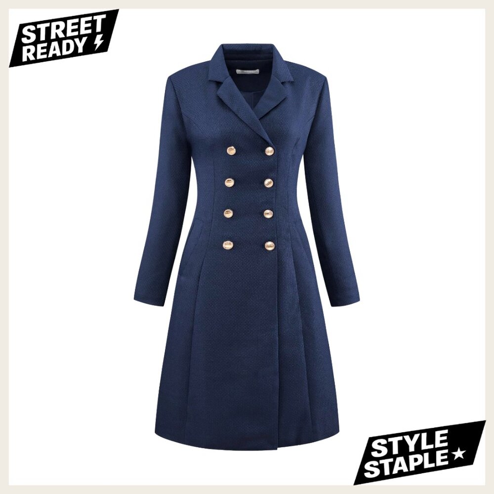 Tweed Blazer Dress Collared Double Breasted A-Line Formal Work